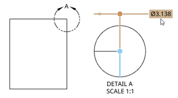 Placing a diameter dimension on a detail view of a circle to display a foreshortened diameter dimension
