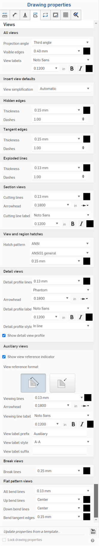 Drawing properties panel, View tab