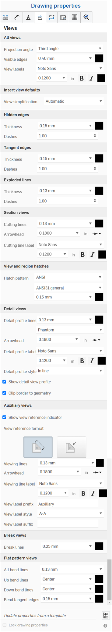 Drawing properties panel, View tab