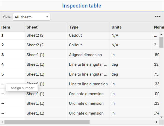 Inspection table Assign number menu