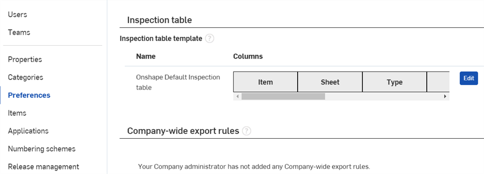 Inspection table section of the Preferences page