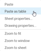 Selecting Paste as table from the Drawing context menu