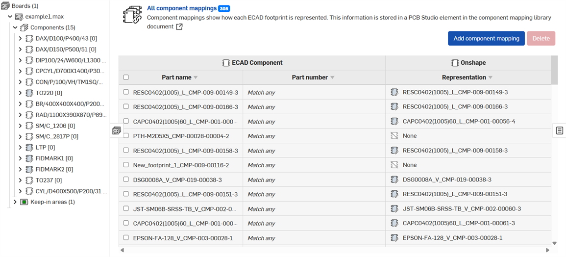 Example showing ECAD footprints and Onshape models