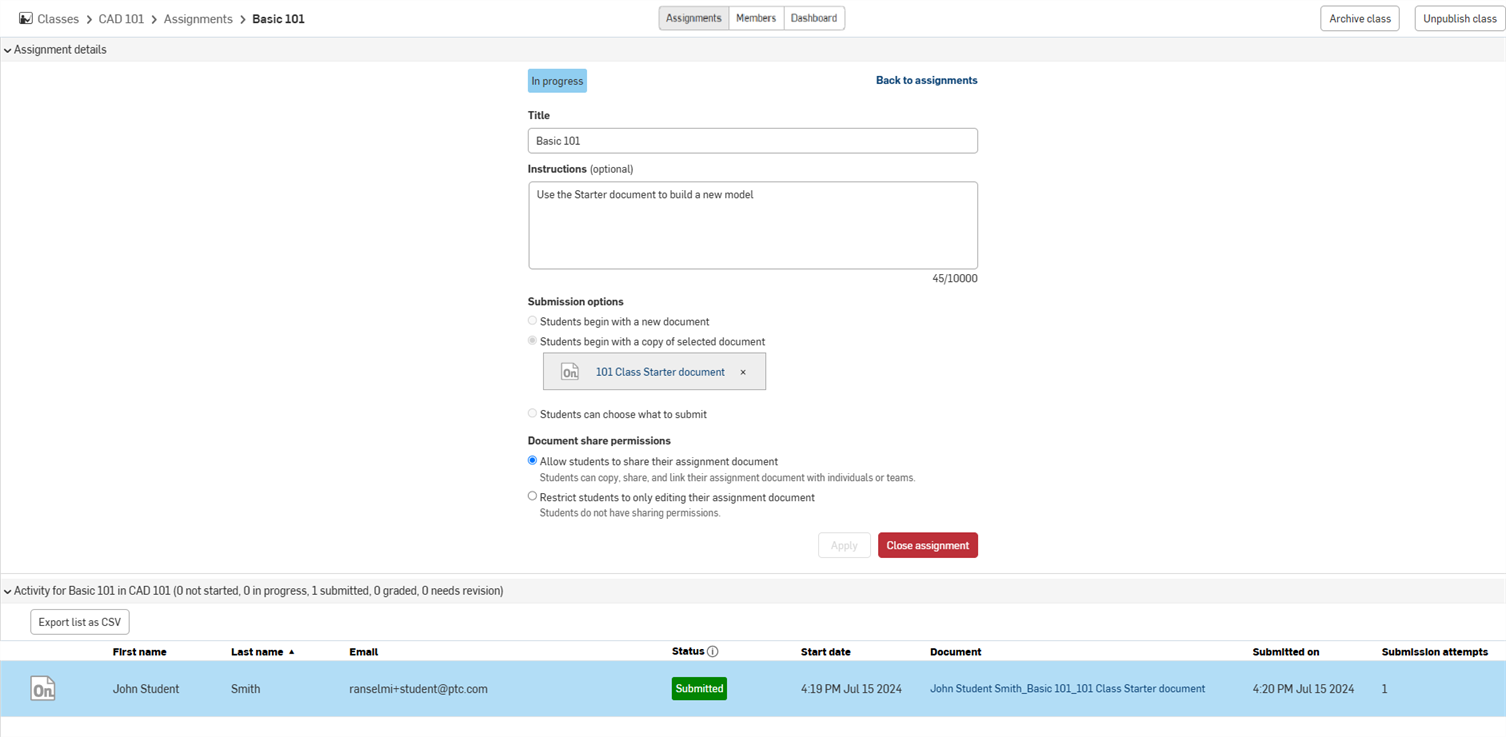 Screenshot of the Assignment Activity page