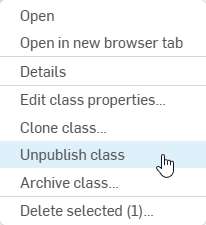 Classes RMB menu with Unpublish class option highlighted