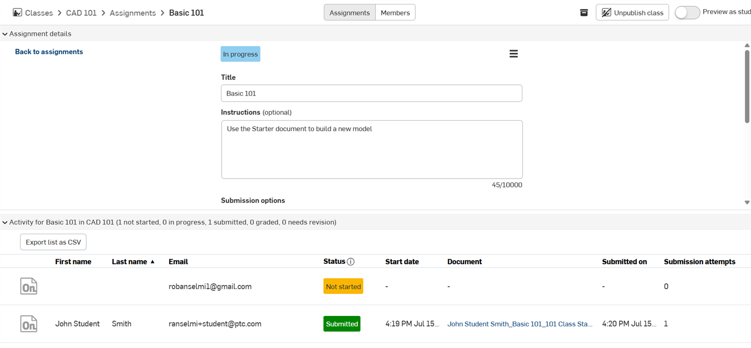 Screenshot of the Assignment Activity page