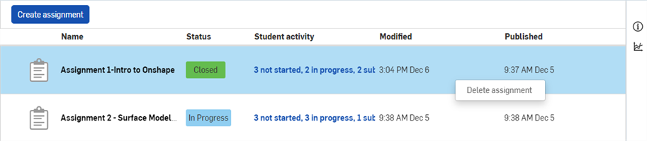 Delete assignment command on Assignment in Assignment list