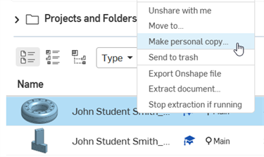 Make personal copy from the document context menu