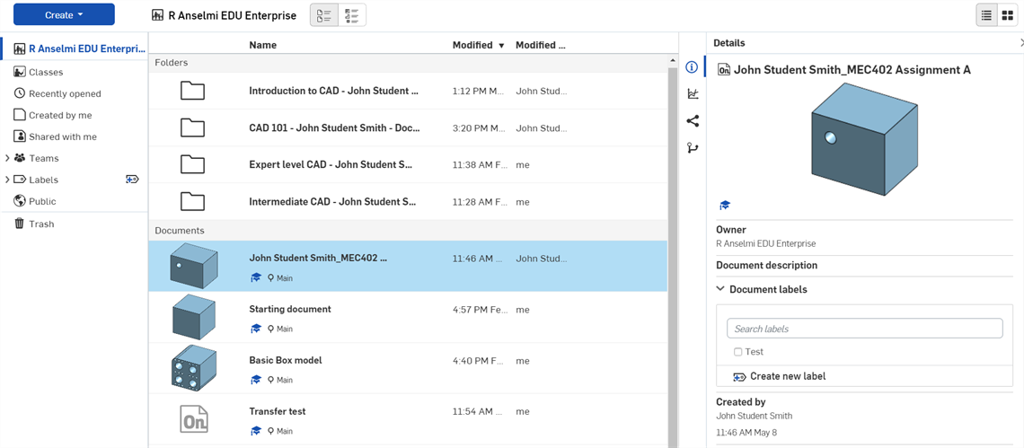 Student documents in the root folder
