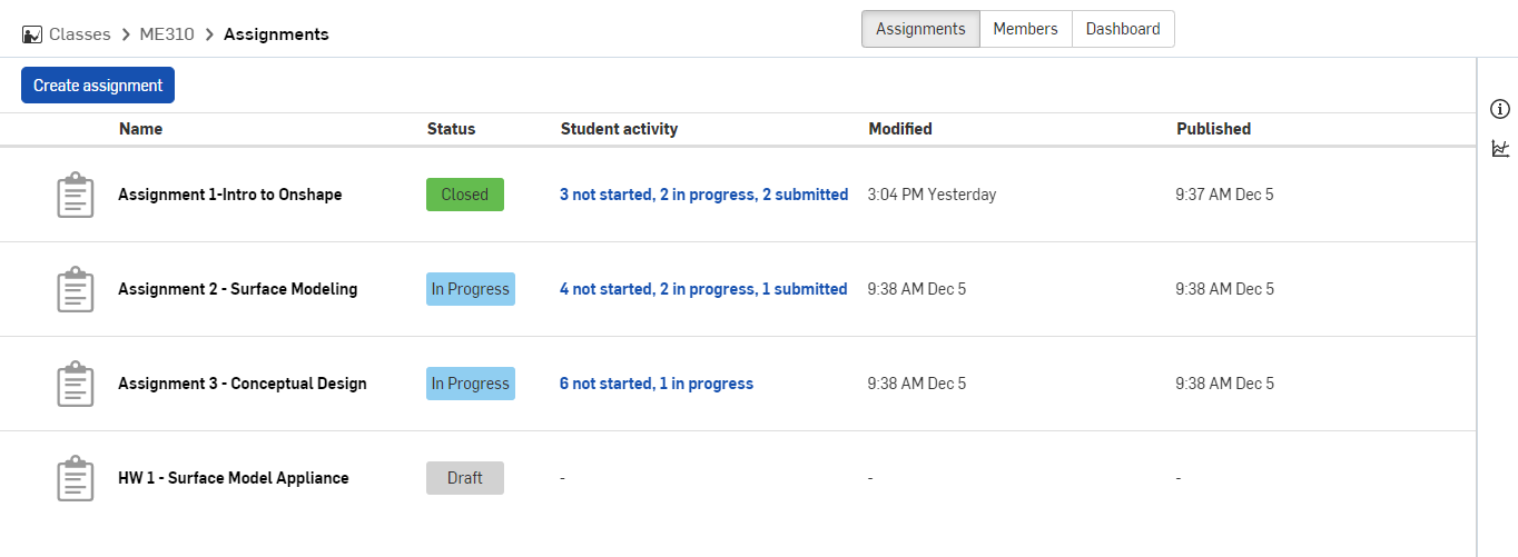 List of assignments page in EDU Enterprise