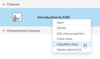 Unpublish class from the context menu