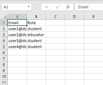 Spreadsheet containing email/role specifications for adding users to a class
