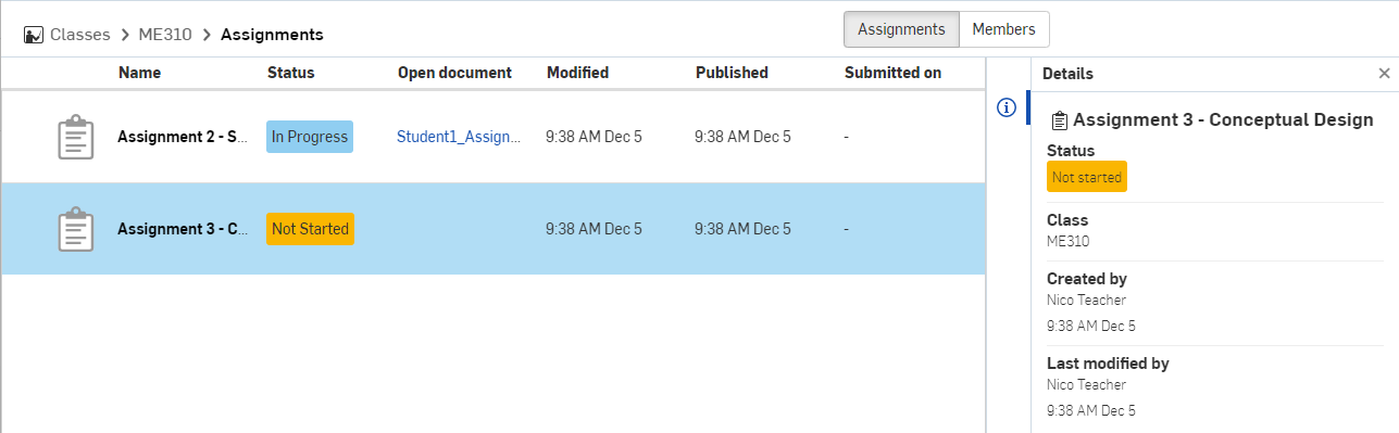 Assignment list with Detail pane open