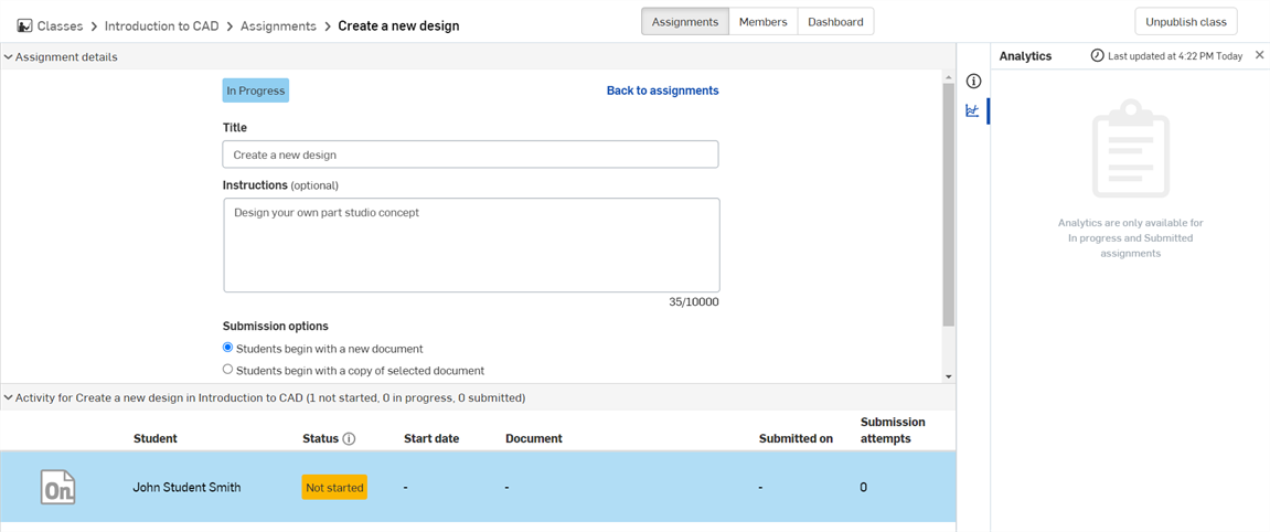 Example of a student assignment not started