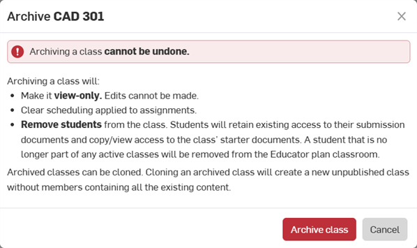 Archive a class dialog