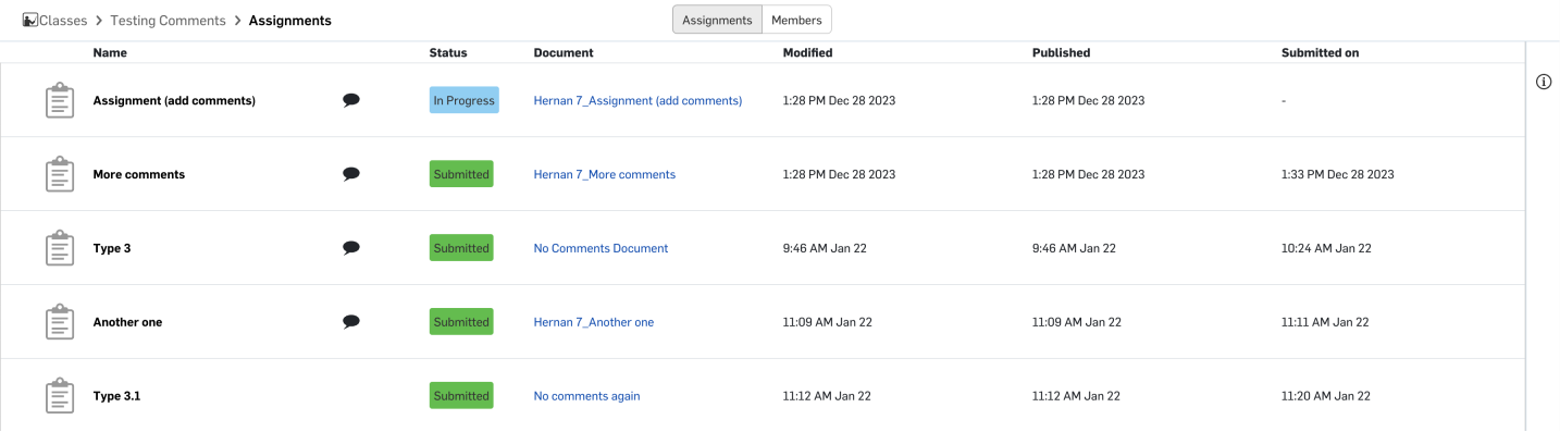 Screenshot of the Assignments page