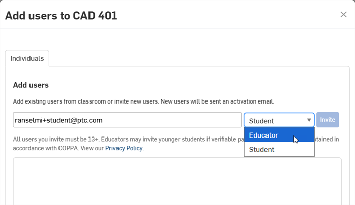 Inviting a member to the class with Educator status