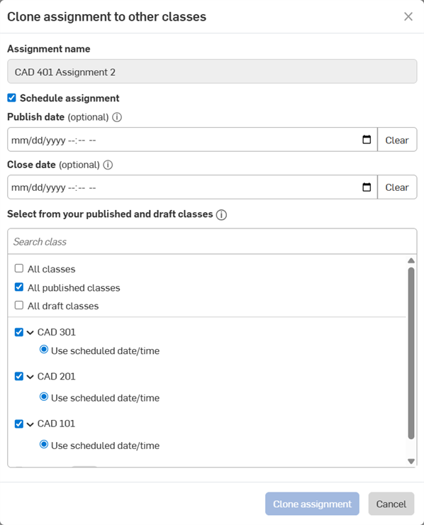 Clone assignment to other classes dialog