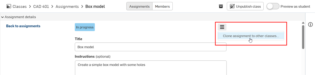 Clicking the menu icon from the Assignment details page