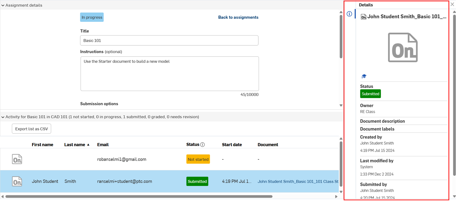Details page when an assignment is selected