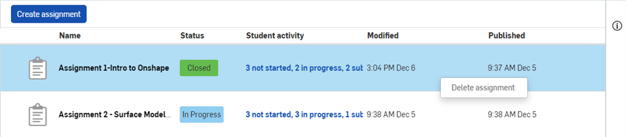 Delete assignment command on Assignment in Assignment list