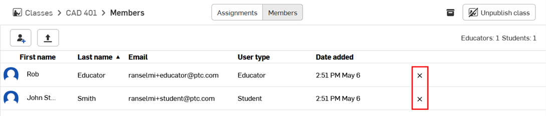 Screenshot of the Members section of EDU Classes dashboard