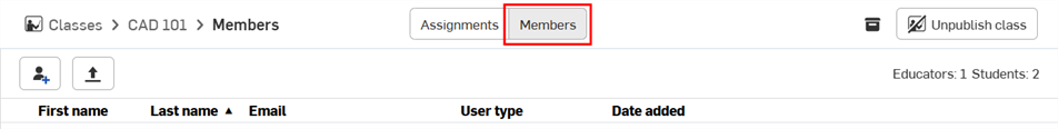 Screenshot of the Members section of EDU Classes dashboard