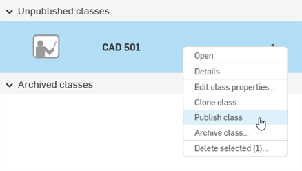 Publish class from the right-click context menu