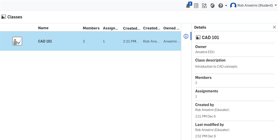 Student view of classes with Details pane open