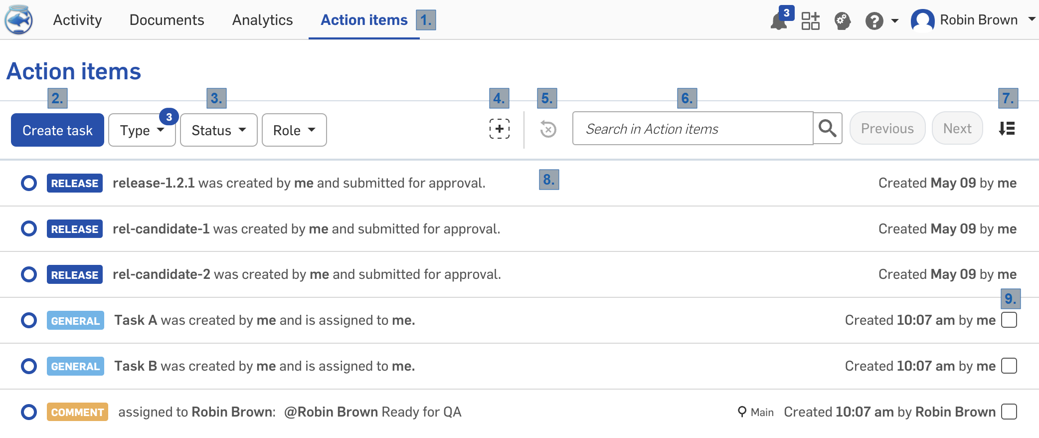 Screenshot of Action items page where you can monitor releases and tasks