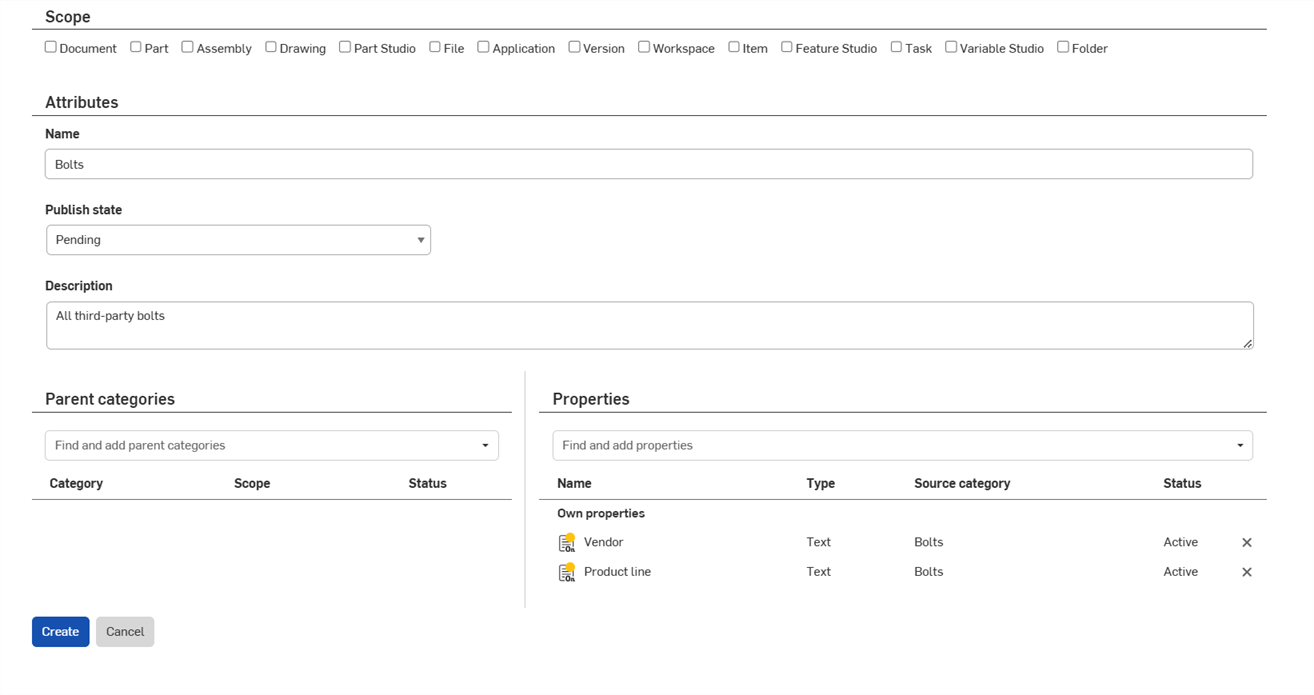 Example showing selecting the Custom properties that you want the category to include