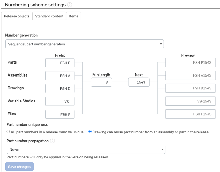 Numbering scheme settings