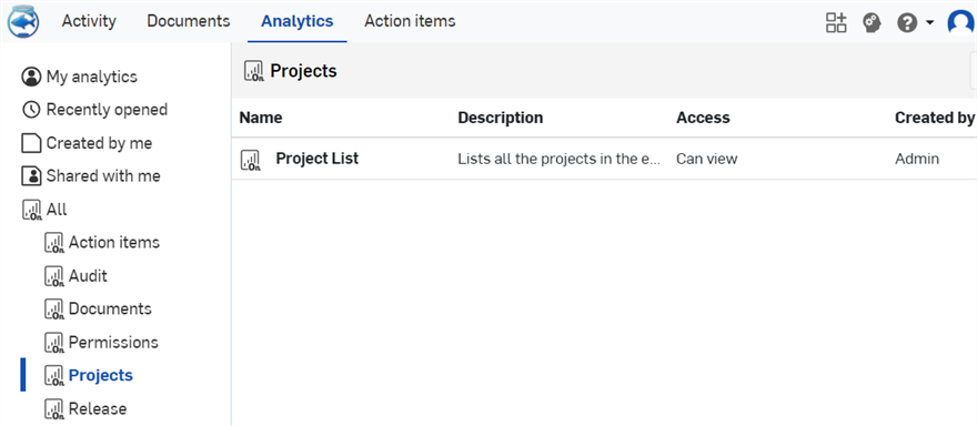 Analytics Menu with Projects Option highlighted