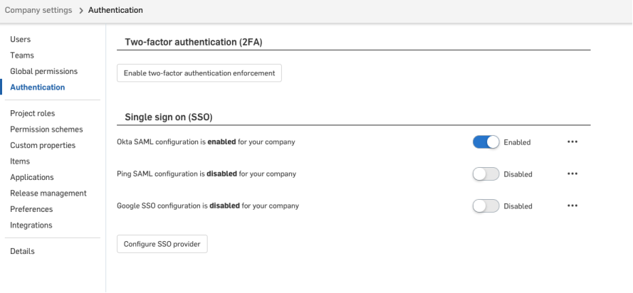 Authentication dialog showing the Two-factor authentication (2FA) and Single sign on (SSO) settings
