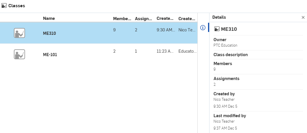 Student view of classes with Details pane open