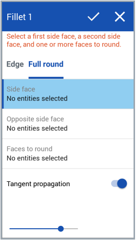 Full Round fillet dialog box on Android device