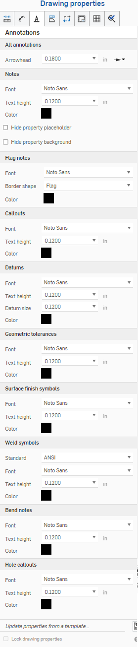 Drawing properties panel, Annotations tab