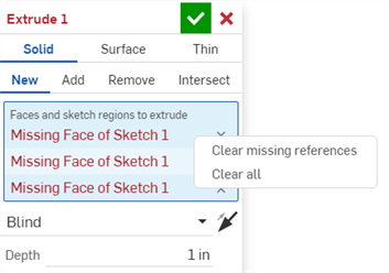 Context menu on Extrude dialog field to clear missing references