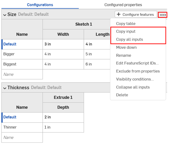 Configuration inputs three-dot menu with Copy input and Copy all inputs highlighted
