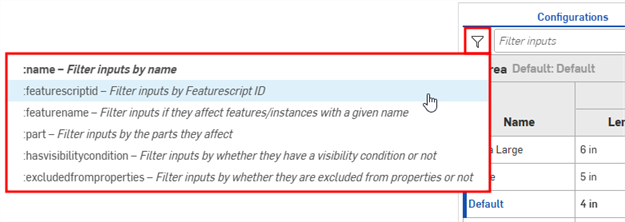 Filter icon selected to show dropdown list of search options