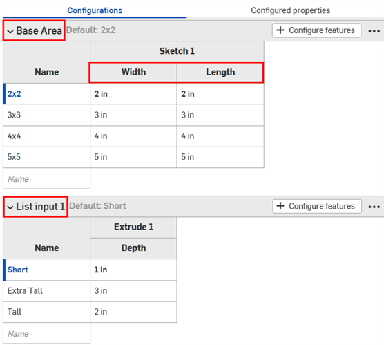 The only configuration labels available for renaming are the configuration input and sketch feature input parameters