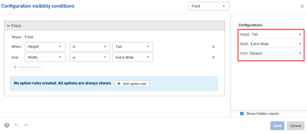 Configuration conditions dialog with multiple conditions