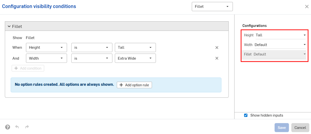Configuration conditions dialog with multiple conditions