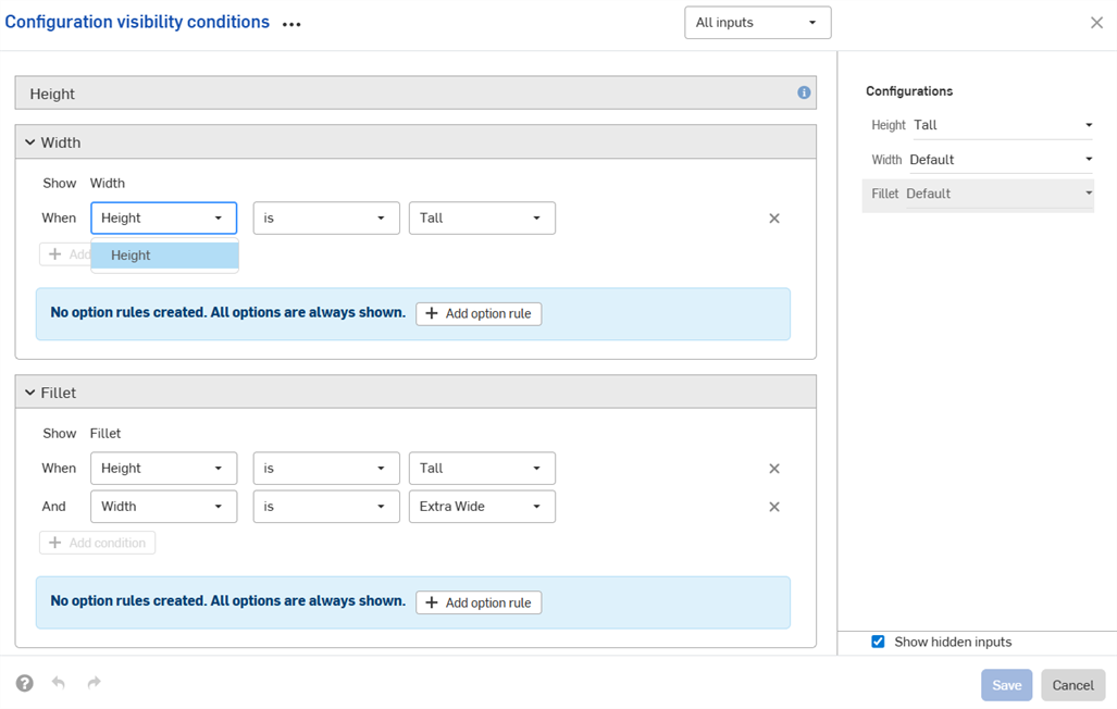 Configuration conditions dialog showing that parameters can only be controlled by parameters above it.