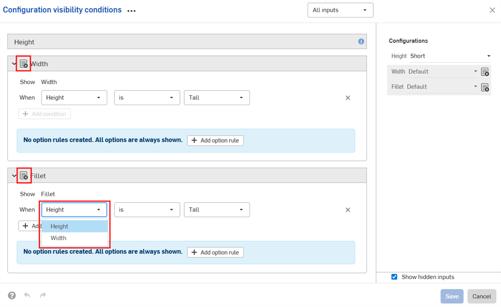 More options menu in the Configurations panel with Visibility condition highlighted