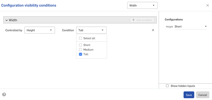 Configuration conditions dialog with one condition added