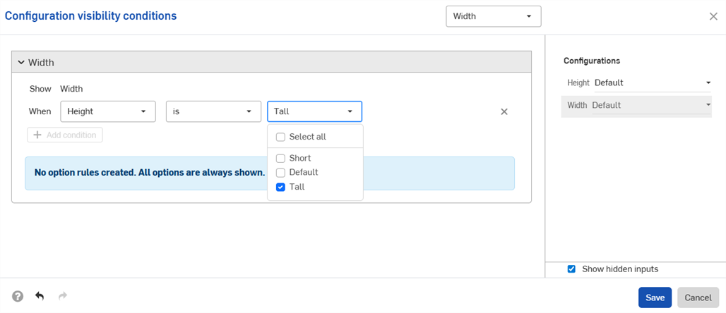 Configuration conditions dialog with one condition added