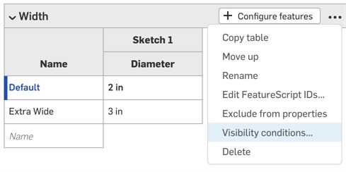 More options menu in the Configurations panel with Visibilty condition highlighted