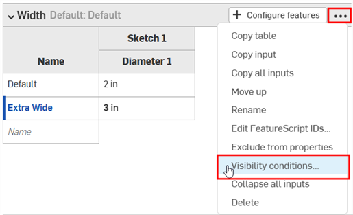 More options menu in the Configurations panel with Visibility conditions highlighted