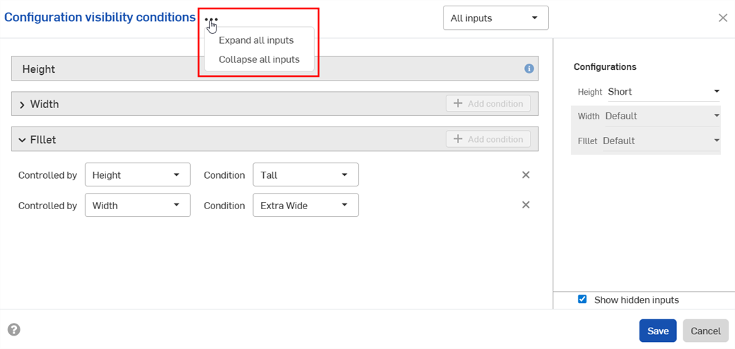 Expand or collapse all inputs in the Configuration visibility conditions dialog by clicking the three-dot button.